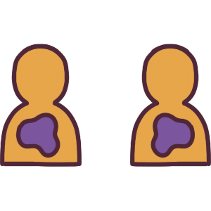 a symbol of two yellow silhouettes. The one on the left has a purple blob on their chest to represent emotion, and the one on the right has the exact same purple blob